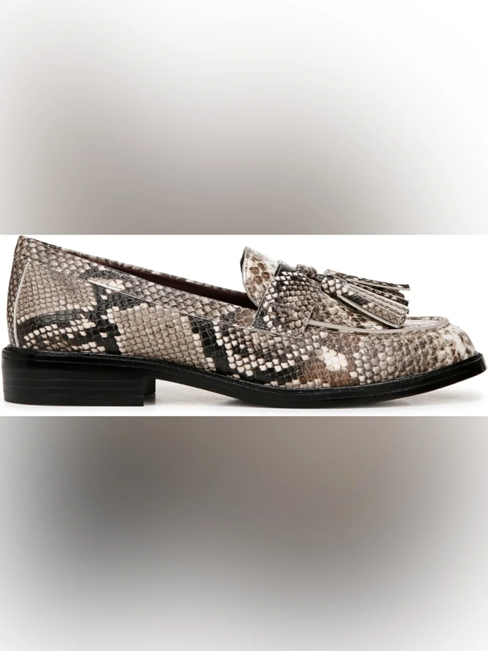 Franco Sarto Snake-Print Tassel Loafers in Neutral Brown and Black - Picture 2 of 5